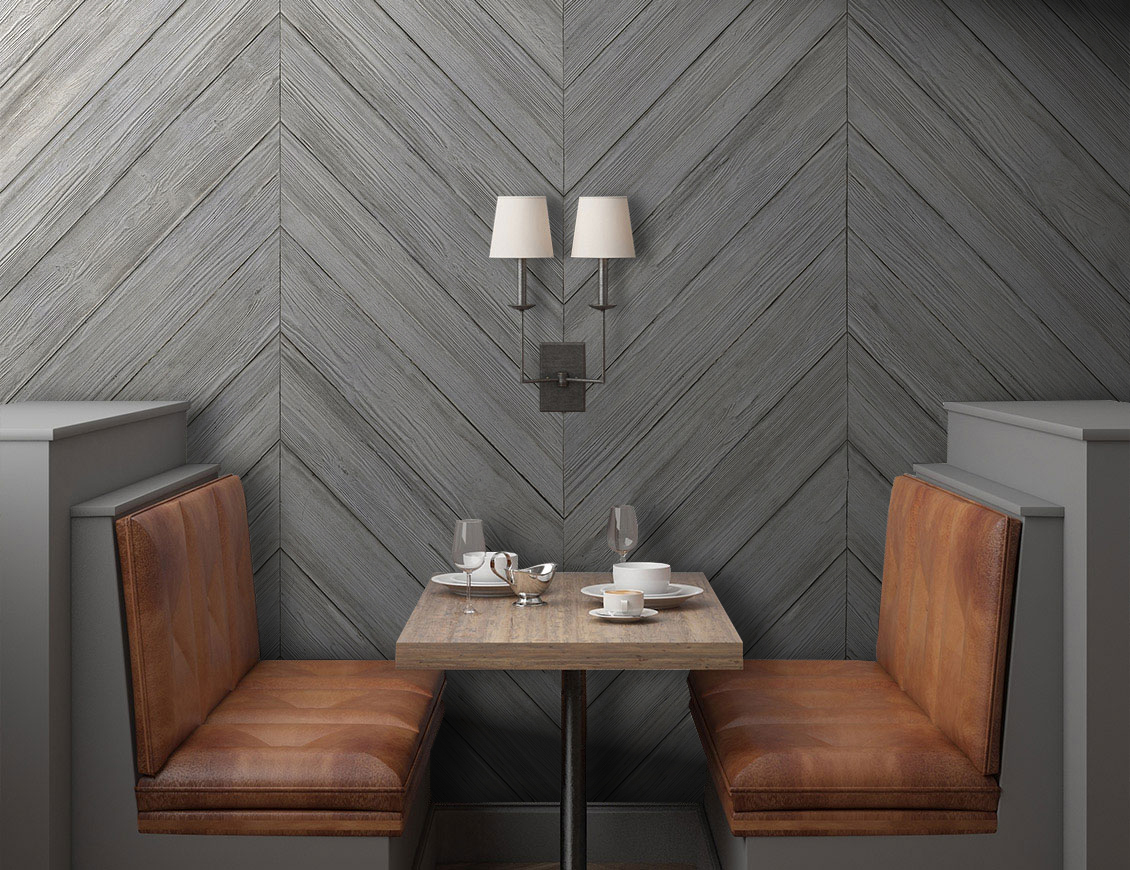 Wallpaper with realistic concrete slats arranged in a herringbone pattern in a modern room