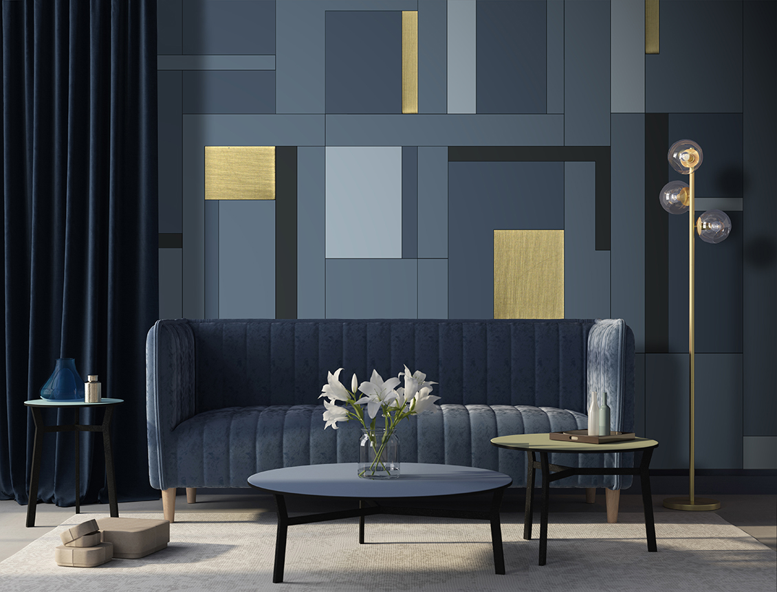 Elegant wallpaper, with geometric figures in blue, light blue and gold which adorns a living room