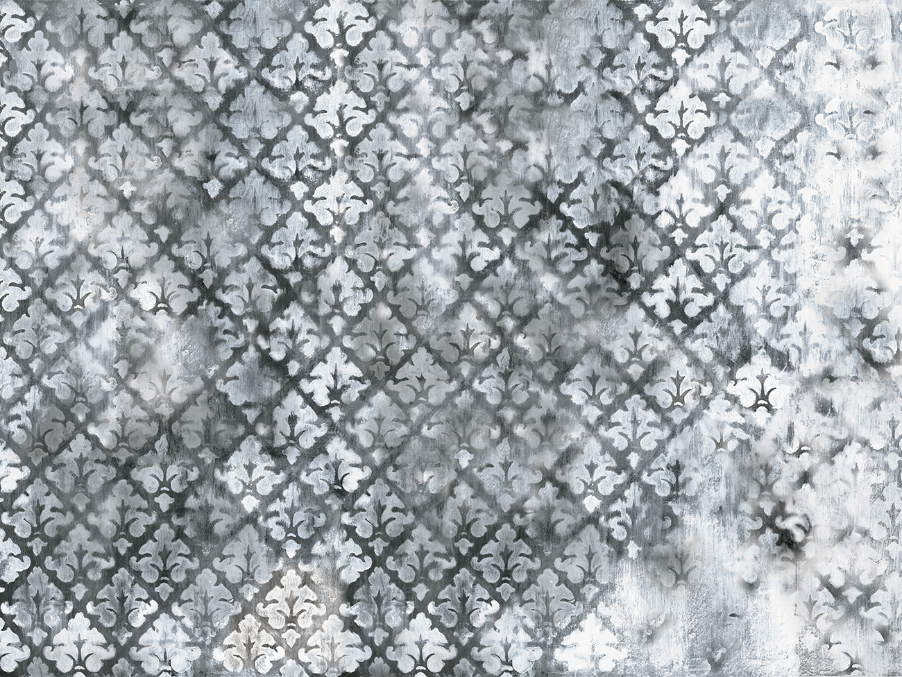 Carta da parati vintage con texture damascata bianca su fondo grigio scuro