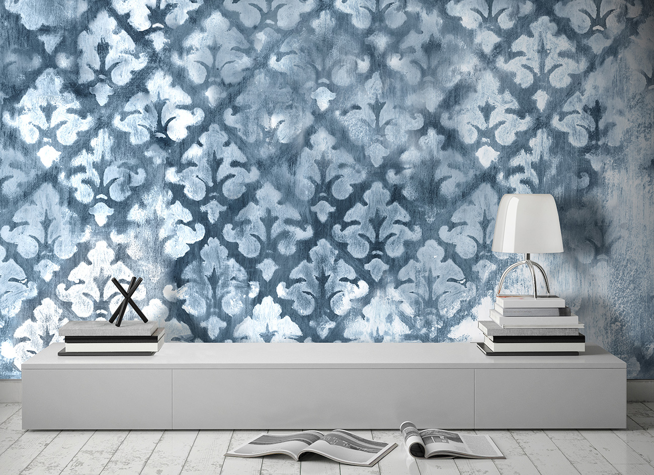 Damask wallpaper with a shaded texture on a petrol blue background that decorates a modern home