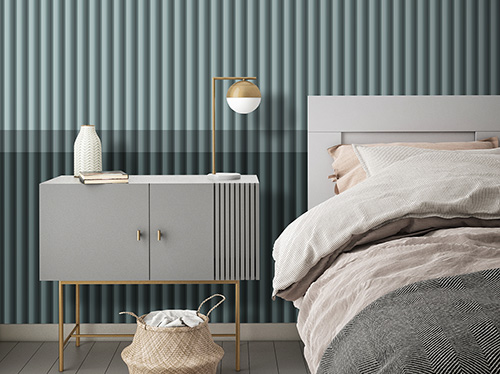 Bedroom covered with wallpaper with pastel green vertical slat boiserie