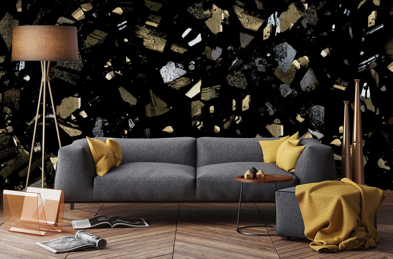 Modern wallpaper with gold and silver crystal texture on a black background