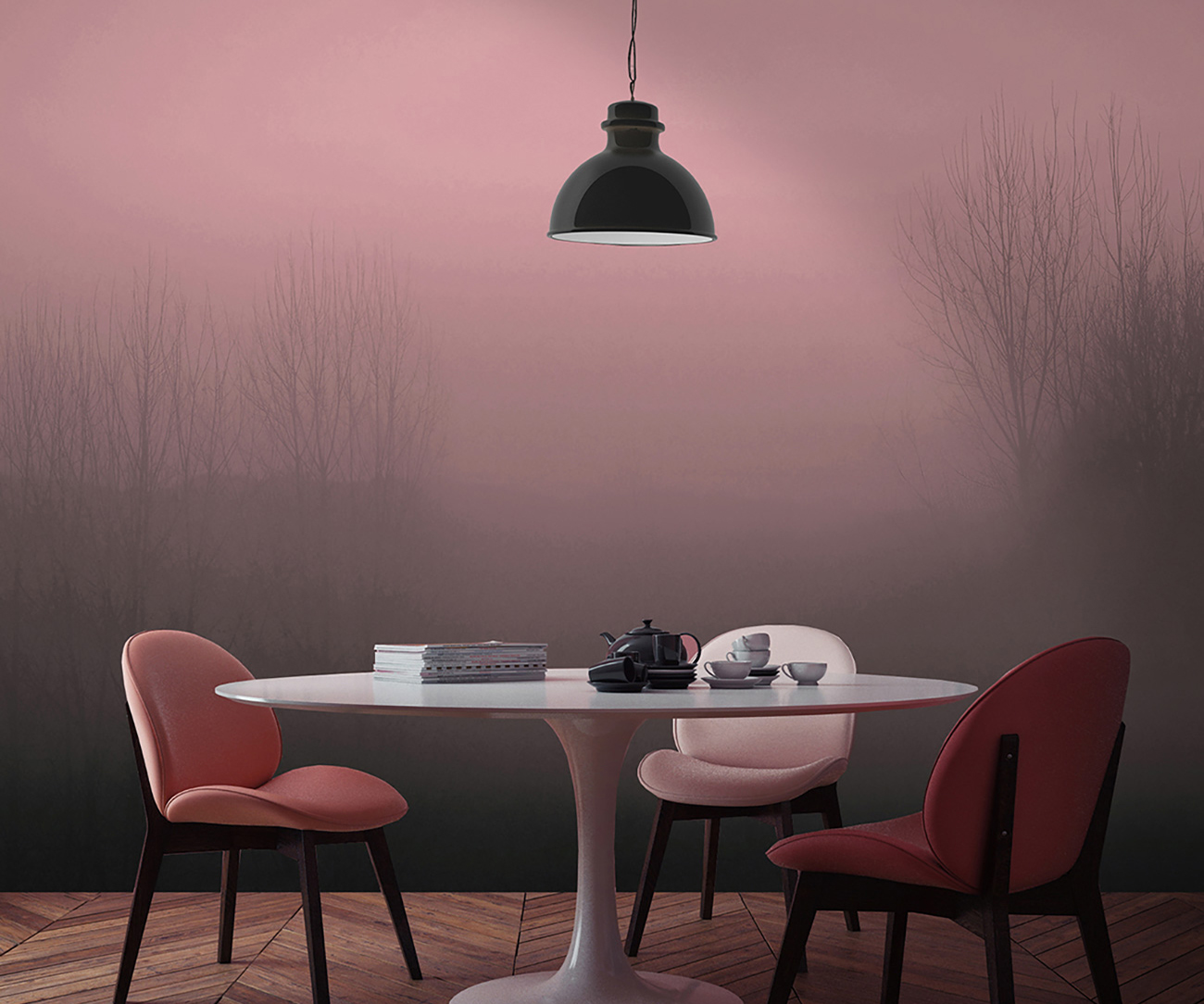 Pink landscape-themed wallpaper with trees covering a classic living room