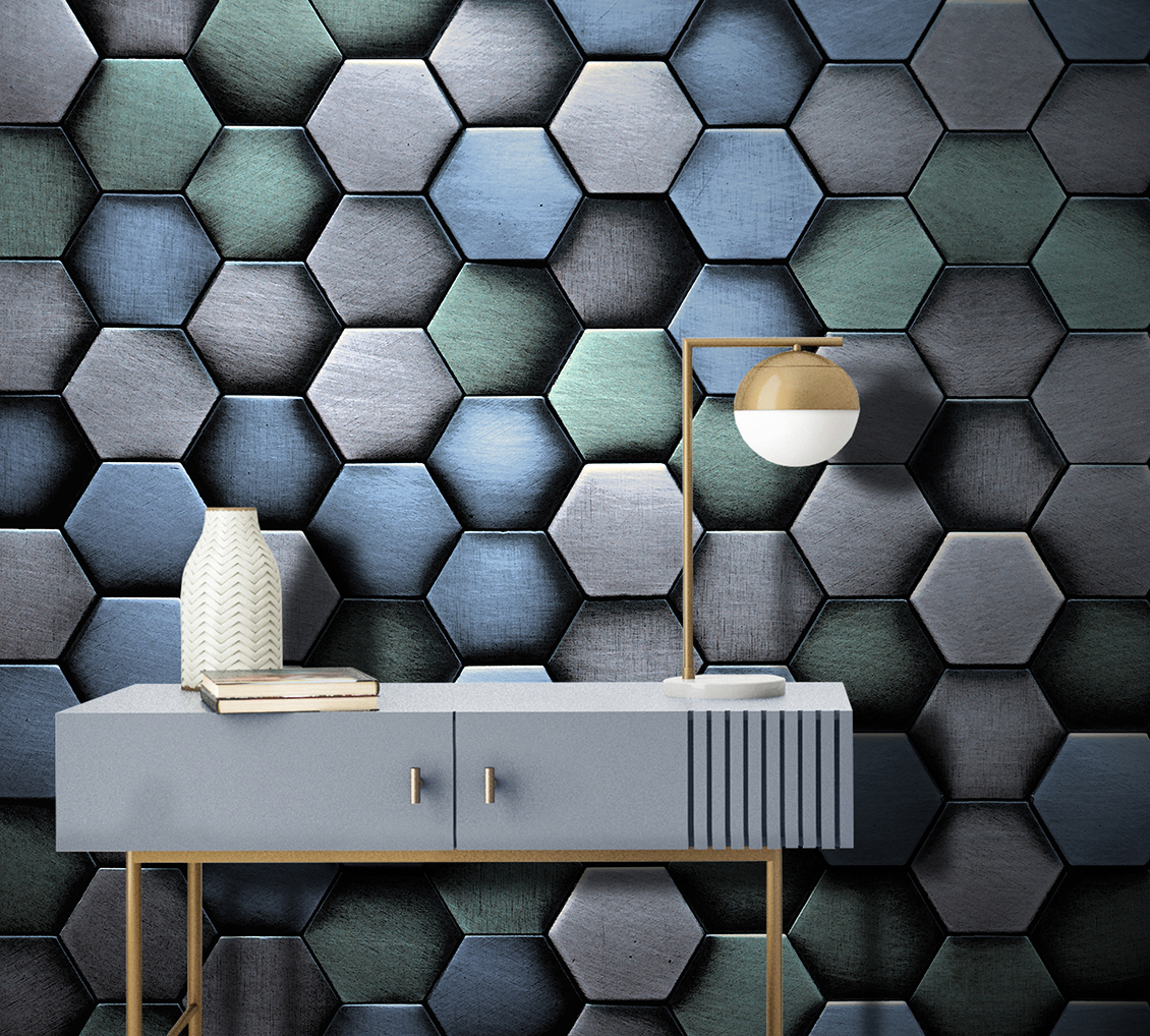 Geometric optical wallpaper with blue and green metal hexagons