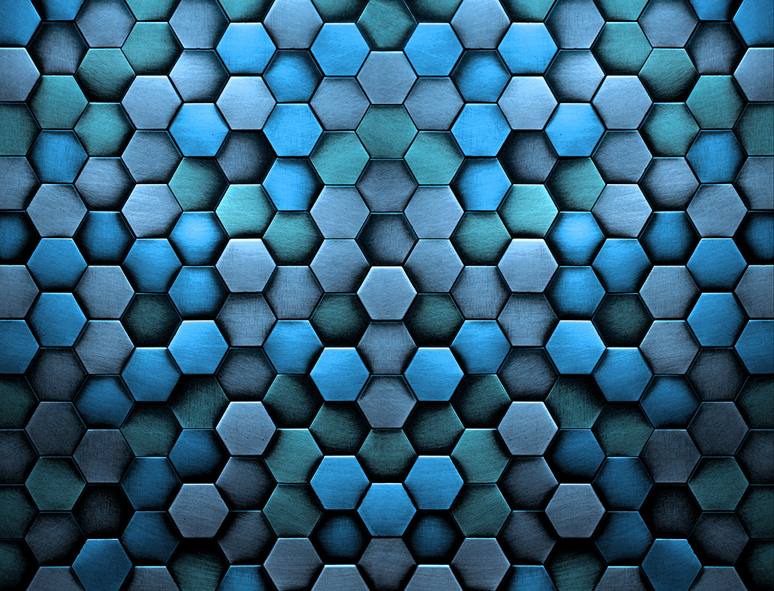 Carta da parati geometrica con esagoni di metallo di colore blu, azzurro, grigio e verde