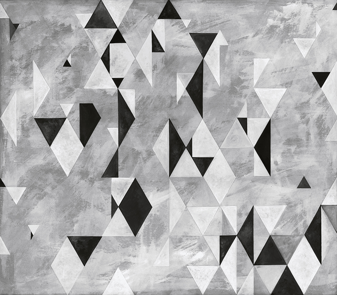 Geometric wallpaper with black and white rhombuses and triangles on a plaster-effect textured background