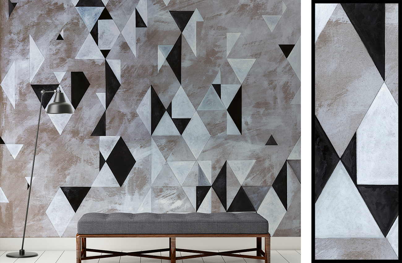 Geometric wallpaper with white and black rhombus and triangles, in a room