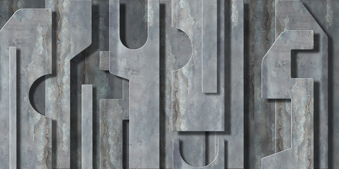 Carta da parati stile industriale con lastre di metallo di forma geometrica di colore grigio e azzurro
