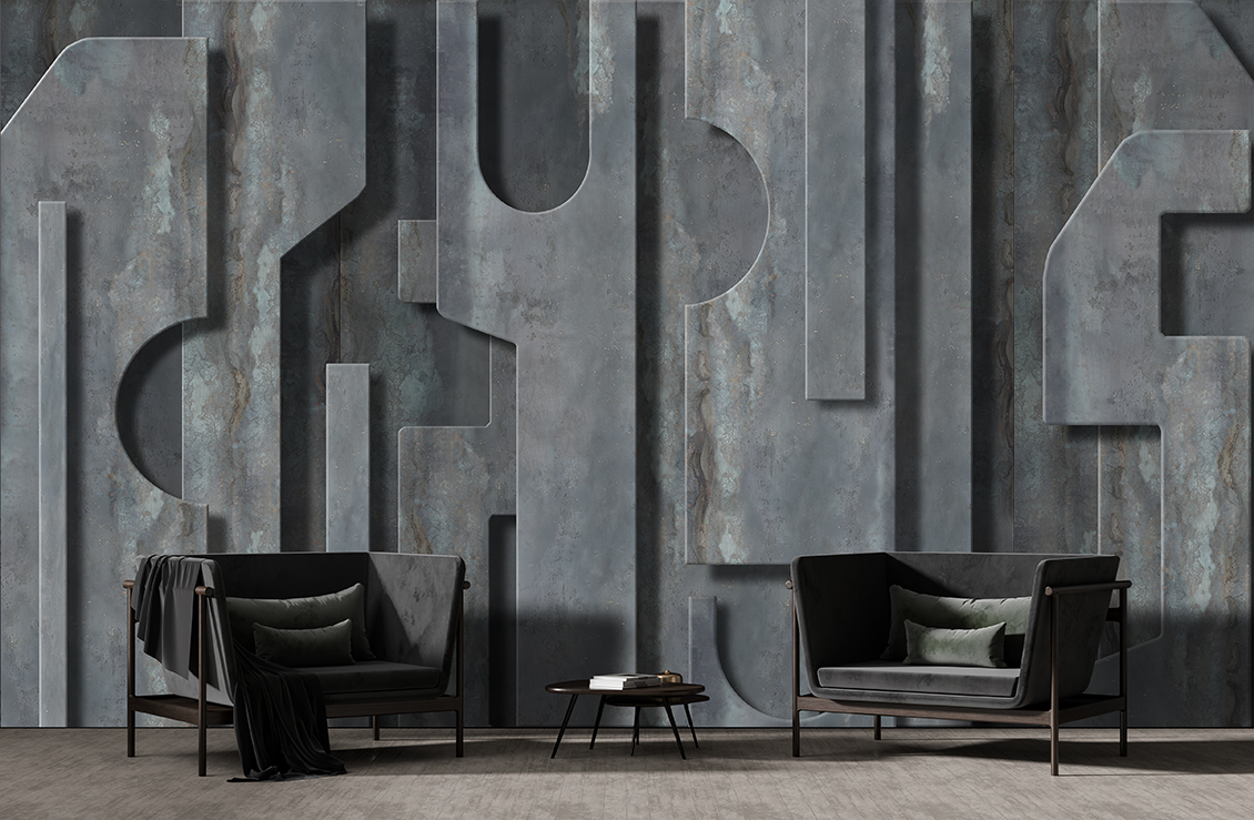 Modern living room with industrial style wallpaper with rusty sheets and bolts