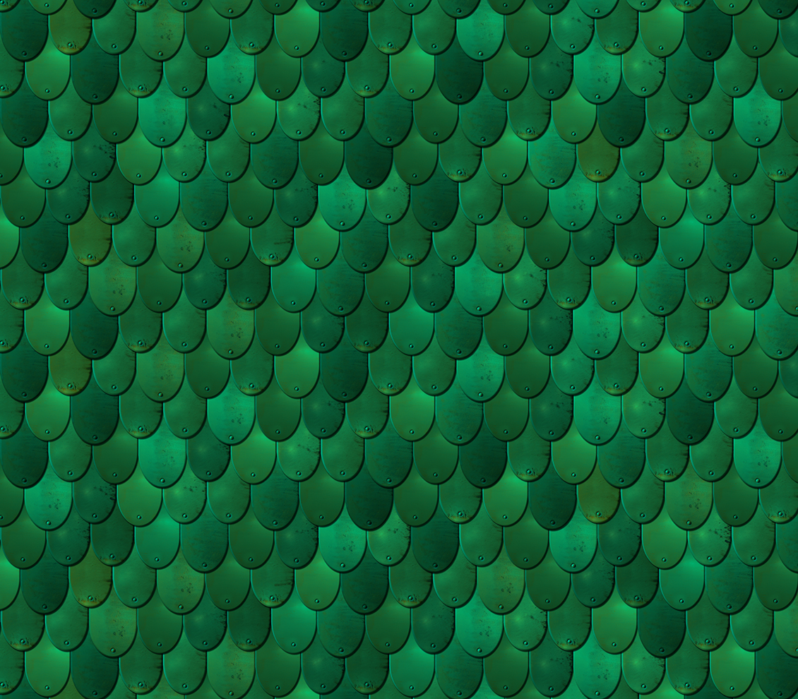 carta da parati geometrica effetto 3d con placche metalliche dai toni verdi, composte a squama di pesce