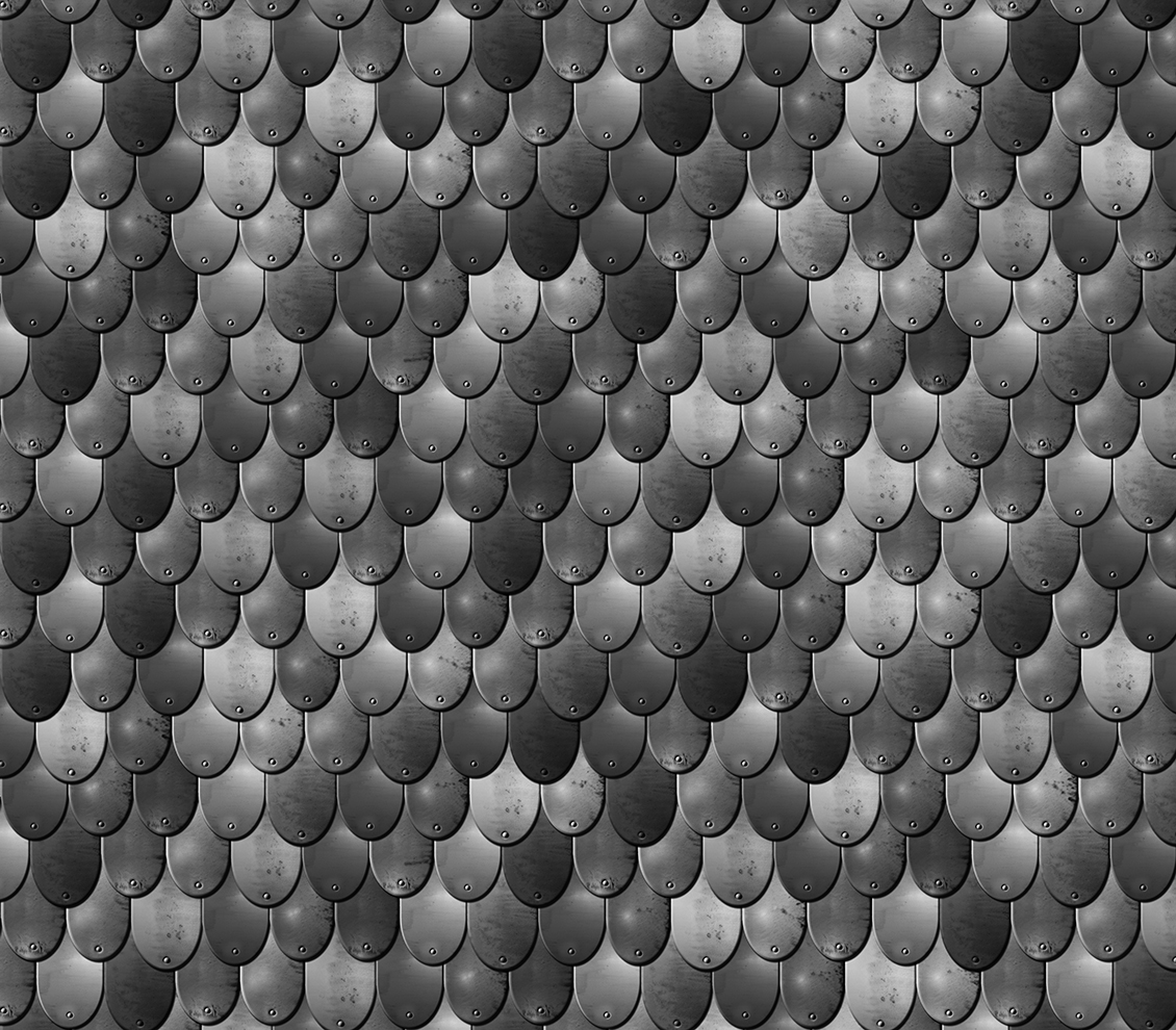 carta da parati effetto 3d con placche metalliche dai toni dell'argento, composte a squama di pesce