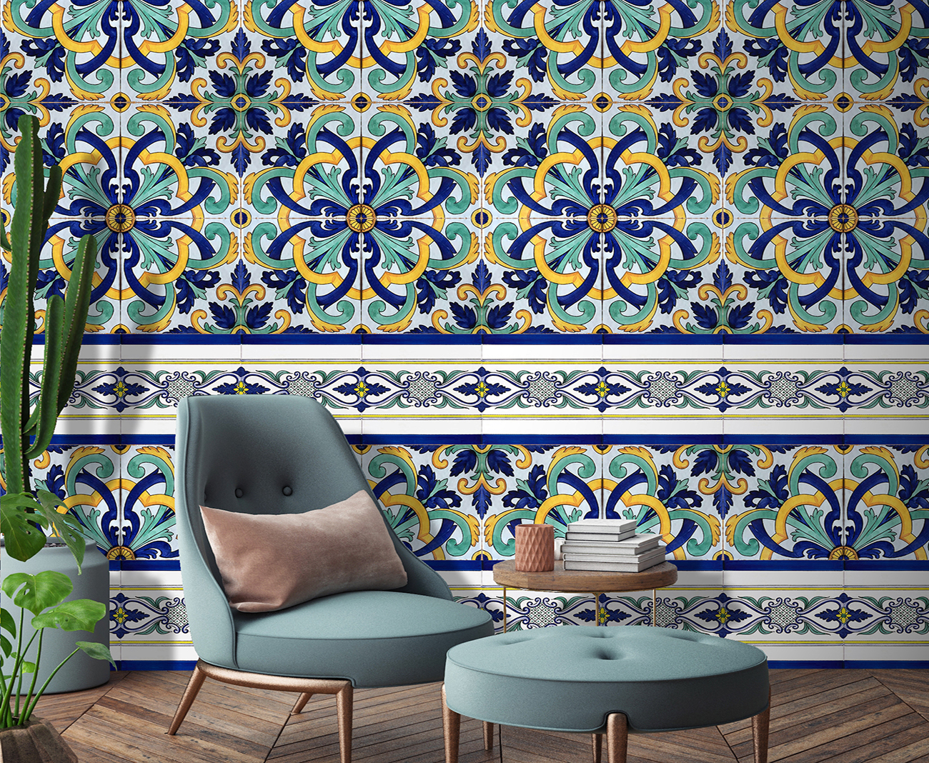 Mediterranean-style majolica wallpaper with floral motifs in bright blue, green and yellow colours