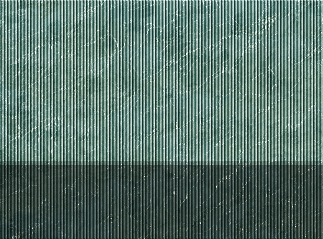 Carta da parati 3d a righe con boiserie a listelli verticali effetto marmo di colore verde