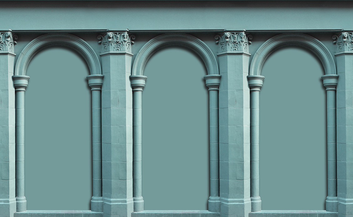 Carta da parati verde a tema architettonico effetto 3d, con archi sostenuti da colonne e capitelli