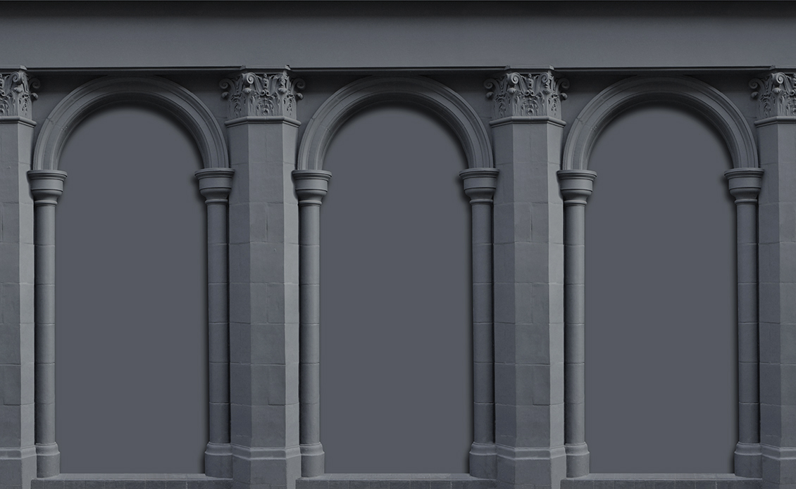 Carta da parati di colore grigio a tema architettonico effetto 3d, con arcate sostenute da colonne e capitelli