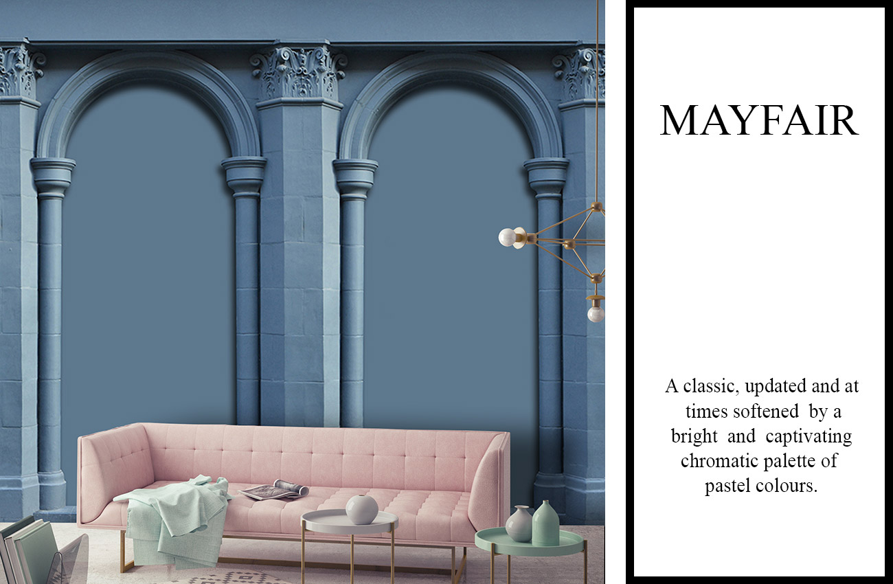 Blue architectural wallpaper with 3D effect, with arches, columns and capitals in a living room  