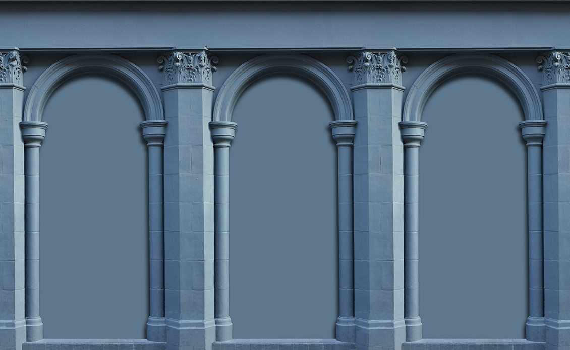 Carta da parati blu a tema architettonico effetto 3d, con arcate sostenute da colonne e capitelli