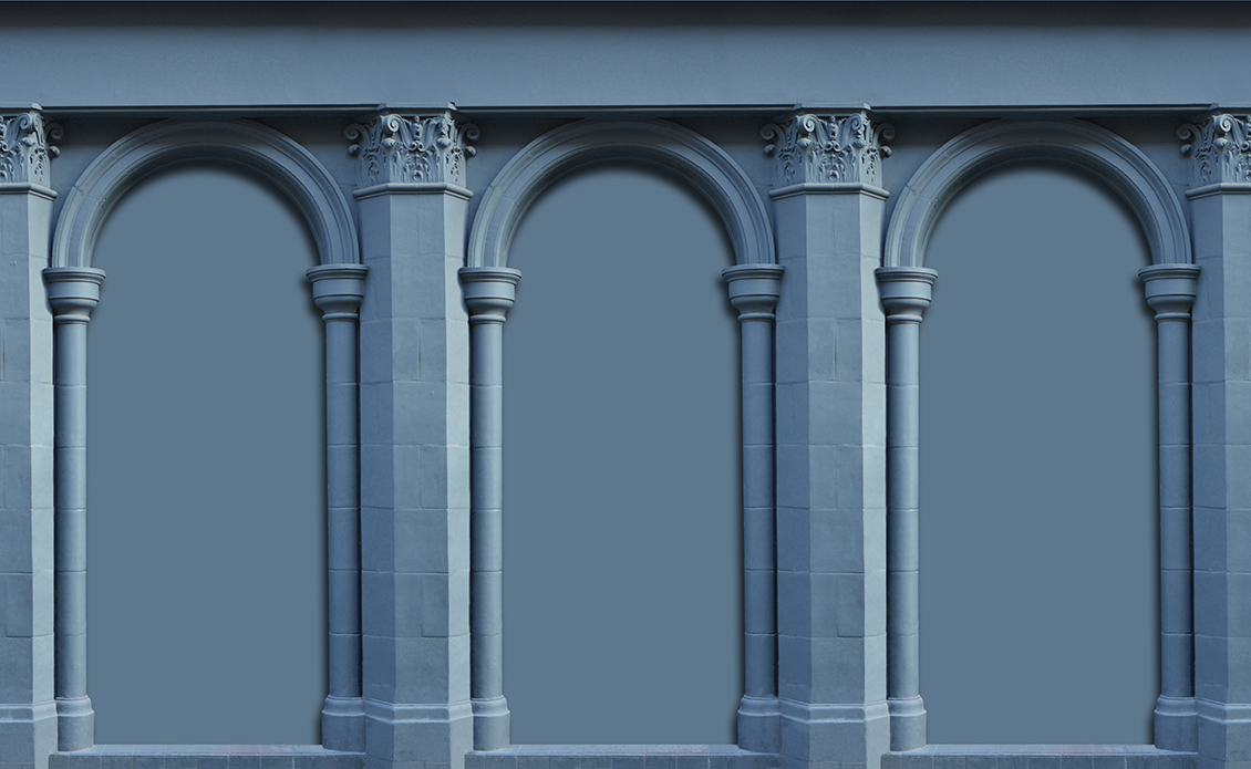 Carta da parati blu a tema architettonico effetto 3d, con arcate sostenute da colonne e capitelli