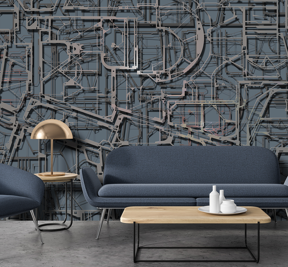 Modern wallpaper, industrial style with realistic metallic texture that decorates a living room