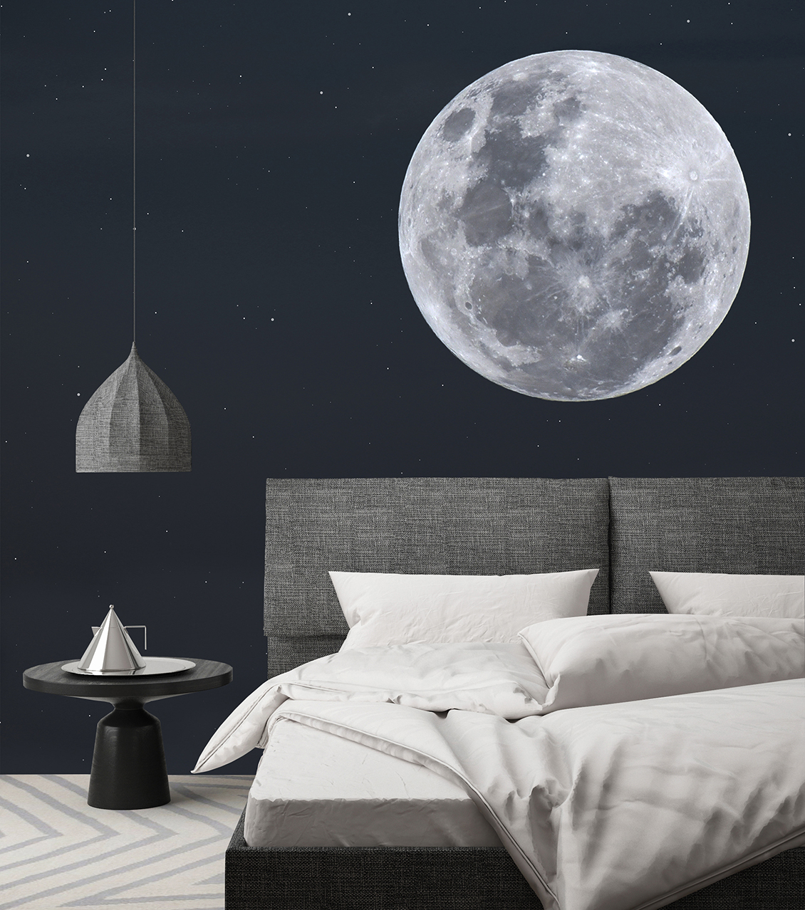 Wallpaper with full moon and night blue starry sky which adorns a bedroom