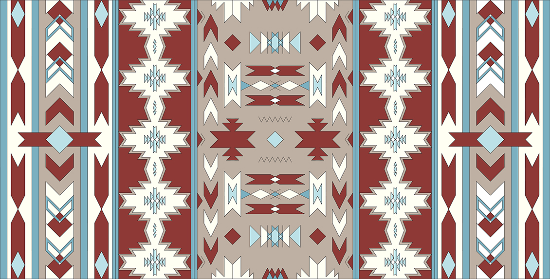 Carta da parati geometrica di tendenza in stile etnico dai colori rosso, azzurro, bianco e tortora
