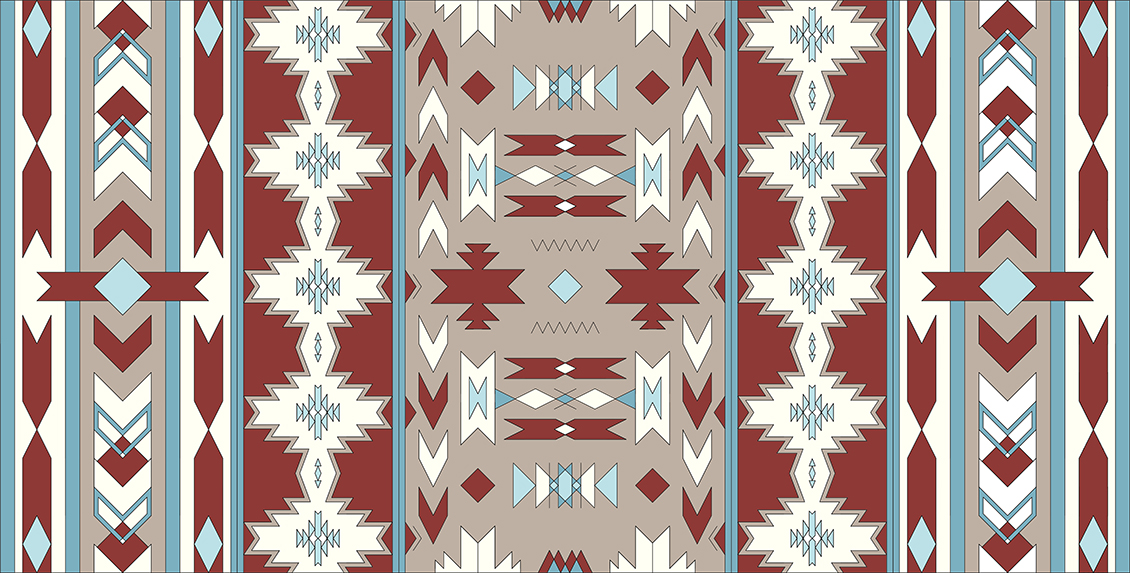 Carta da parati geometrica di tendenza  in stile etnico dai colori rosso,  azzurro, bianco e tortora