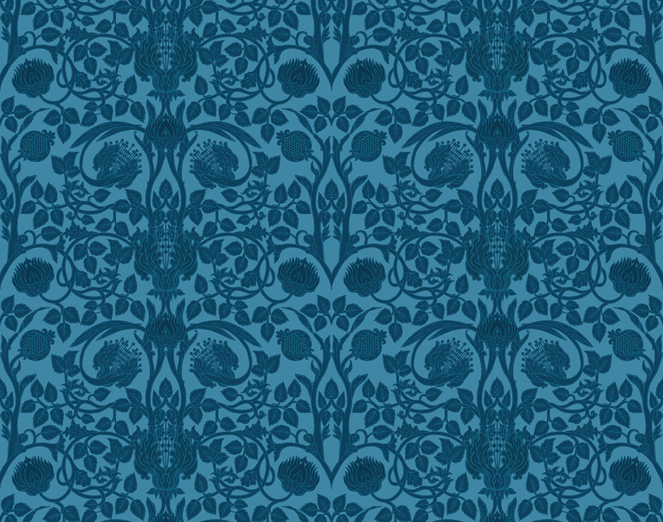 Damask wallpaper with petrol blue floral pattern