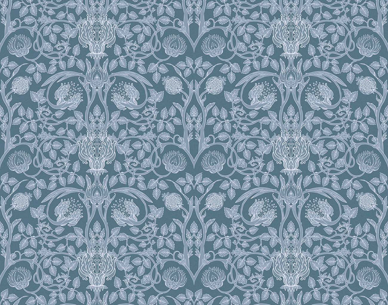 Decorative wallpaper with blue and white floral pattern