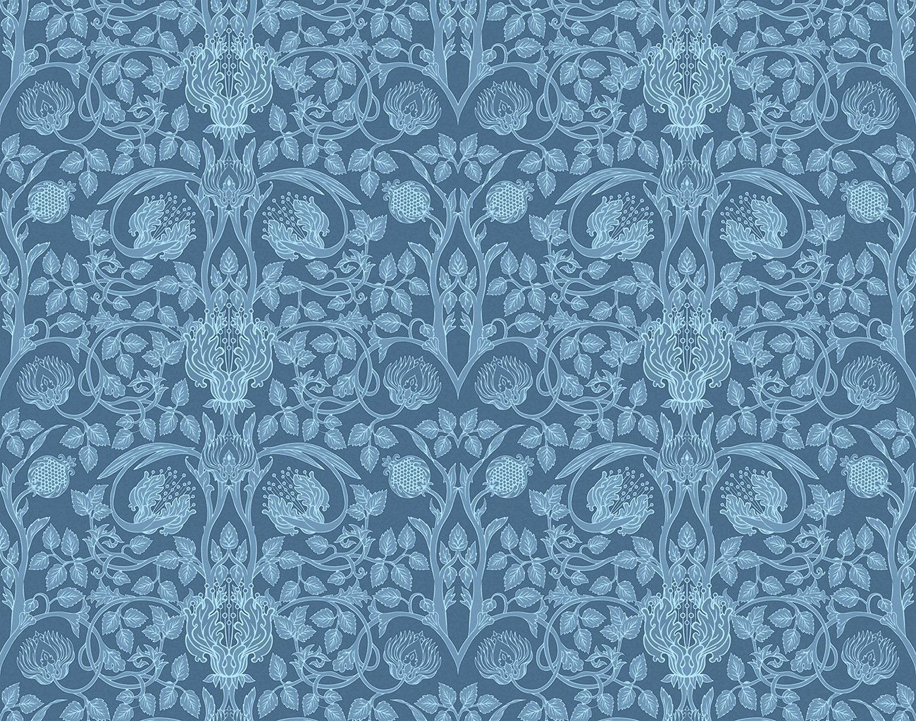 Damask wallpaper with blue and light blue floral pattern  