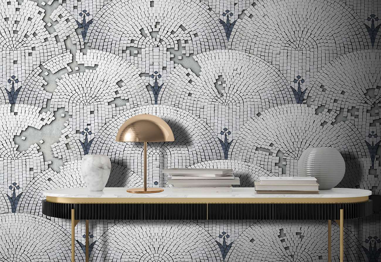 Wallpaper with geometric mosaic design in grey, white and blue colors