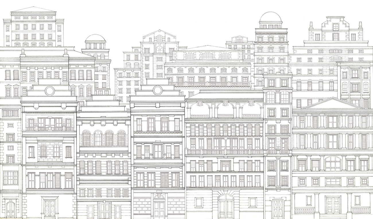 Architectural wallpaper with hand drawn buildings on a white background