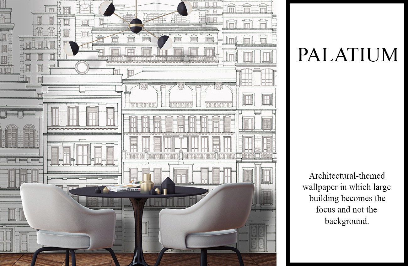 Carta da parati architettonica con palazzi disegnati a mano su fondo bianco, in un soggiorno moderno
