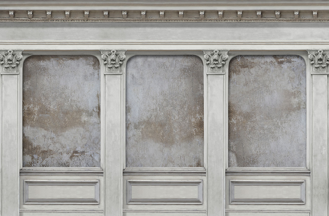 Carta da parati 3d con arcate e boiserie bianche effetto materico 
