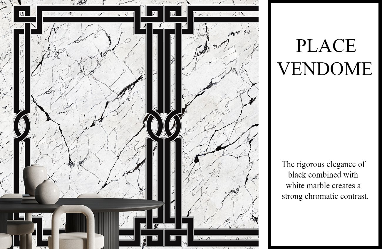 White marble effect wallpaper with black veins and geometric decoration, in an elegant home