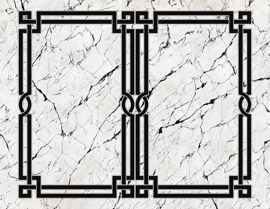 Carta da parati effetto marmo bianco con venature nere e decorazione geometrica