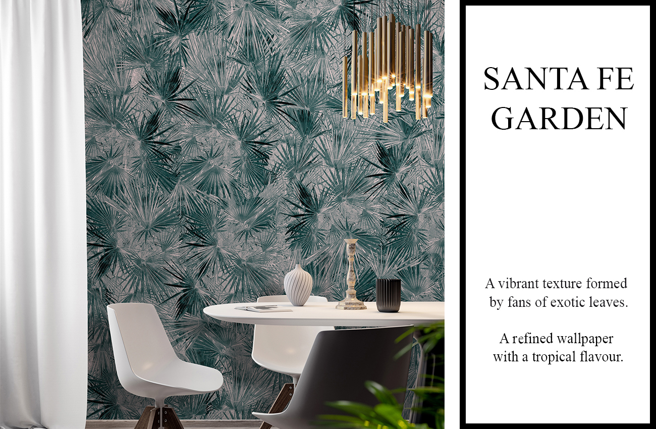 Tropical wallpaper with palm leaf design in various shades of green which adorns a dining room