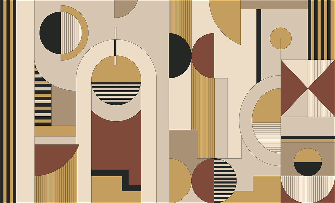 Bauhaus wallpaper with circles, lines and geometric figures in shades of beige, mustard colour and red