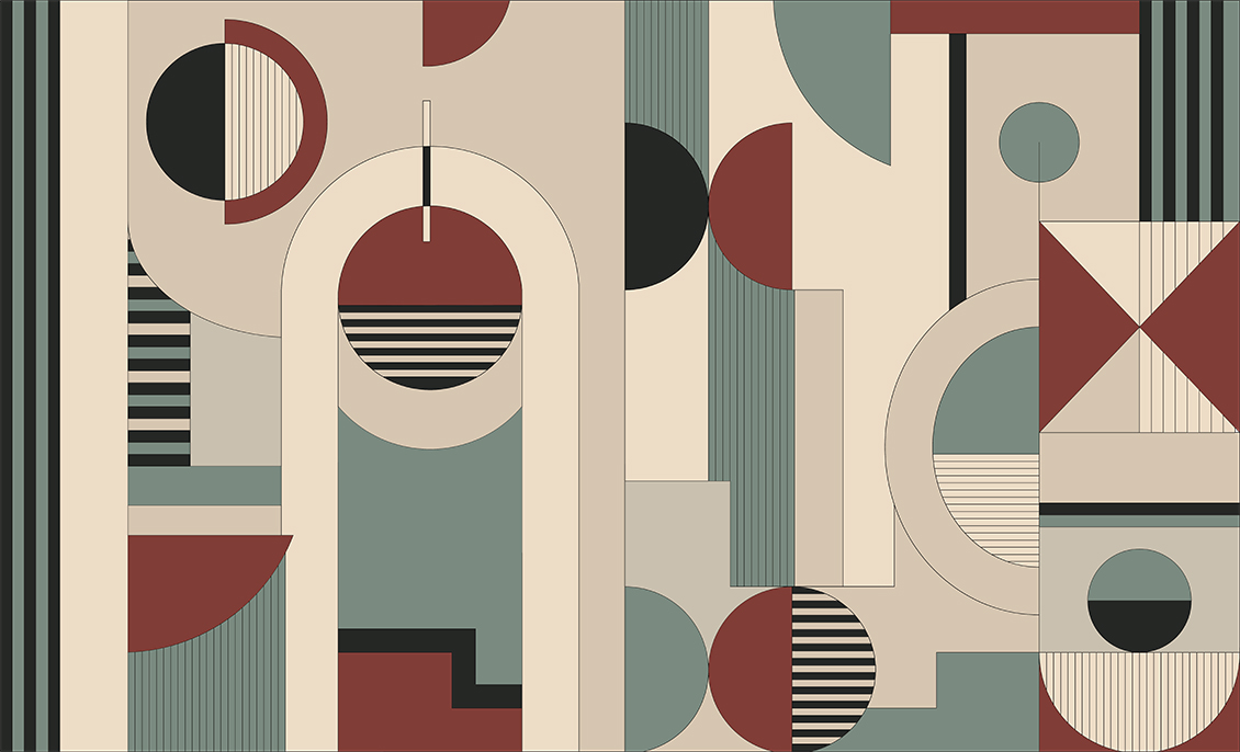 Decorative wallpaper with circles, lines and geometric figures in shades of beige, sky blue and red