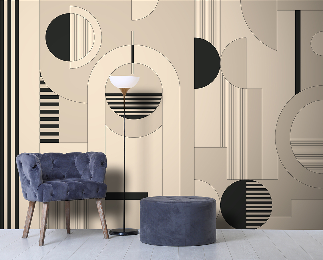 Deco wallpaper with circles, lines and geometric figures which adorns a shop