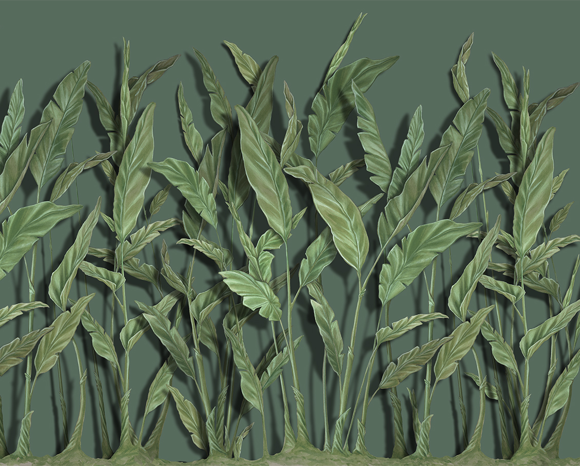 Carta da parati jungle dipinta a mano, effetto 3d con grandi foglie di banano su fondo verde