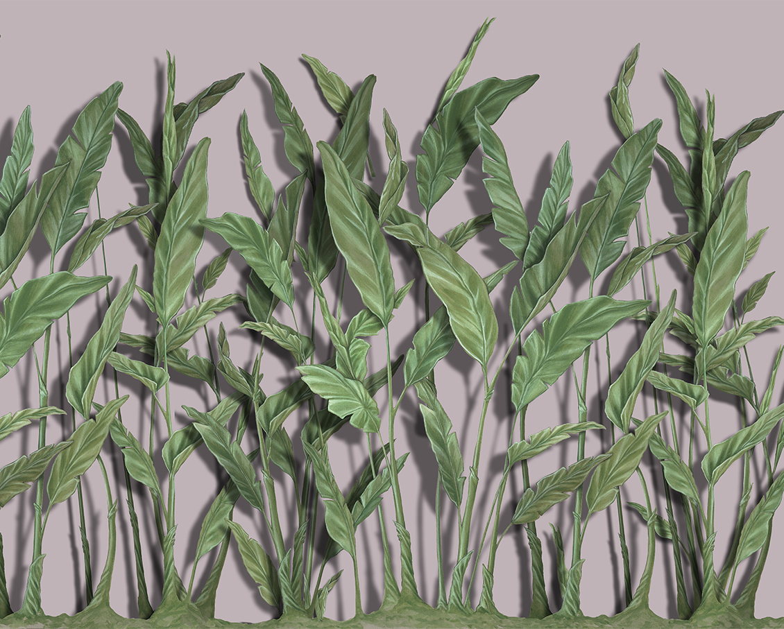 Carta da parati tropicale dipinta a mano, effetto 3d con grandi foglie di banano su fondo rosa