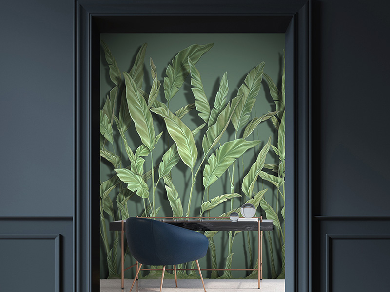 Hand-painted tropical wallpaper, 3d effect with large banana leaves on a green background