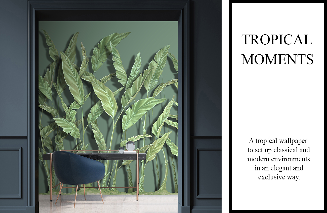 Carta da parati stile tropicale con foglie esotiche di banano, dipinta a mano con effetto realistico