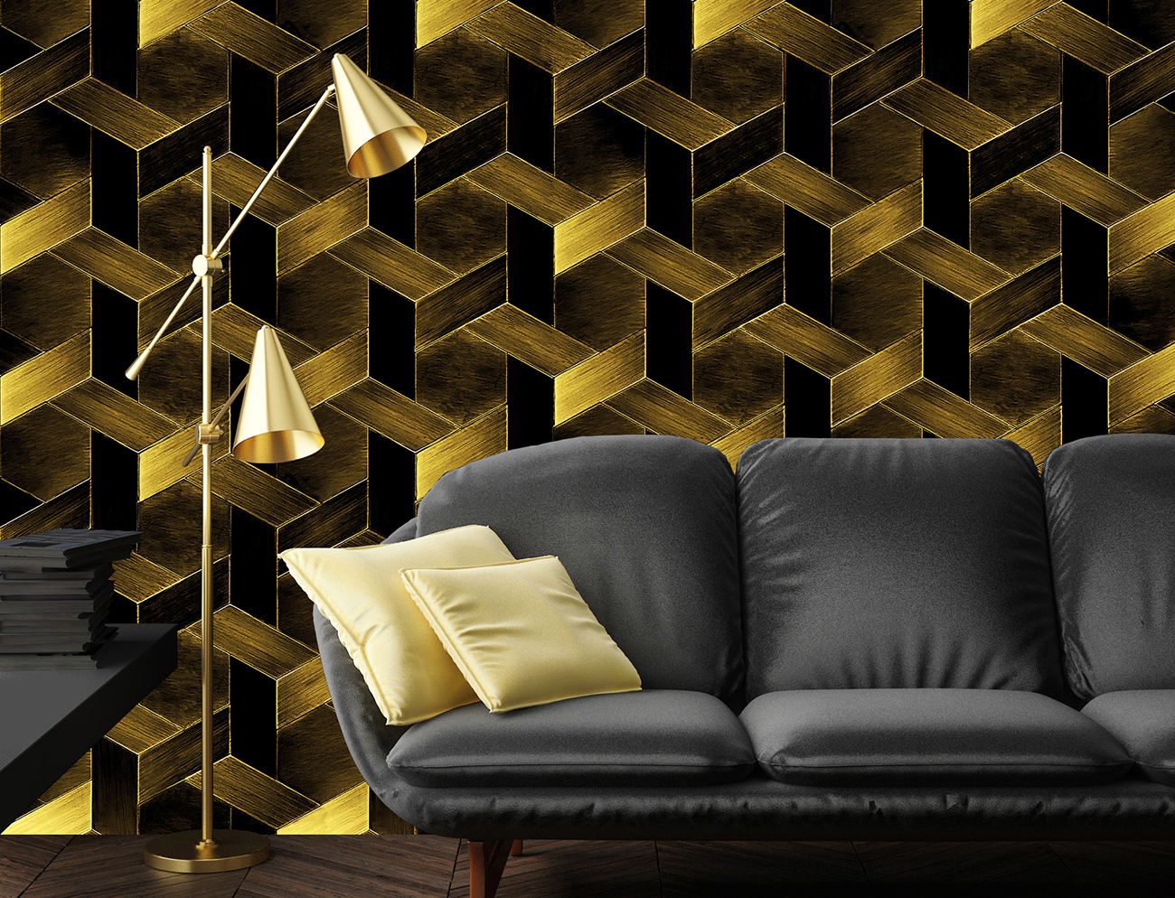 Wallpaper with gold-coloured geometric decorative pattern covering a modern living room