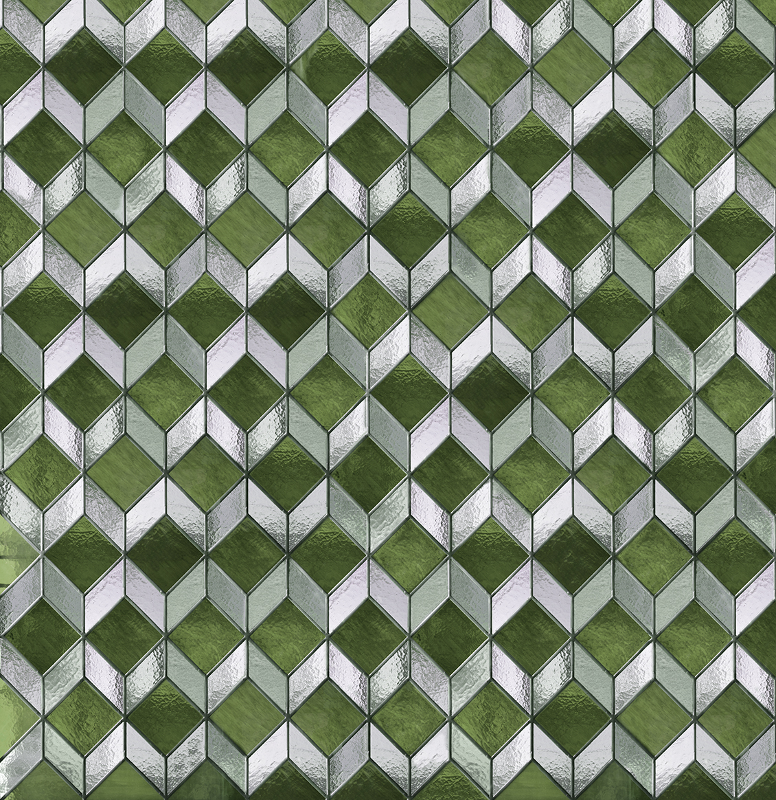 Carta da parati geometrica, con vetrata a rombi effetto realistico, verde e bianca