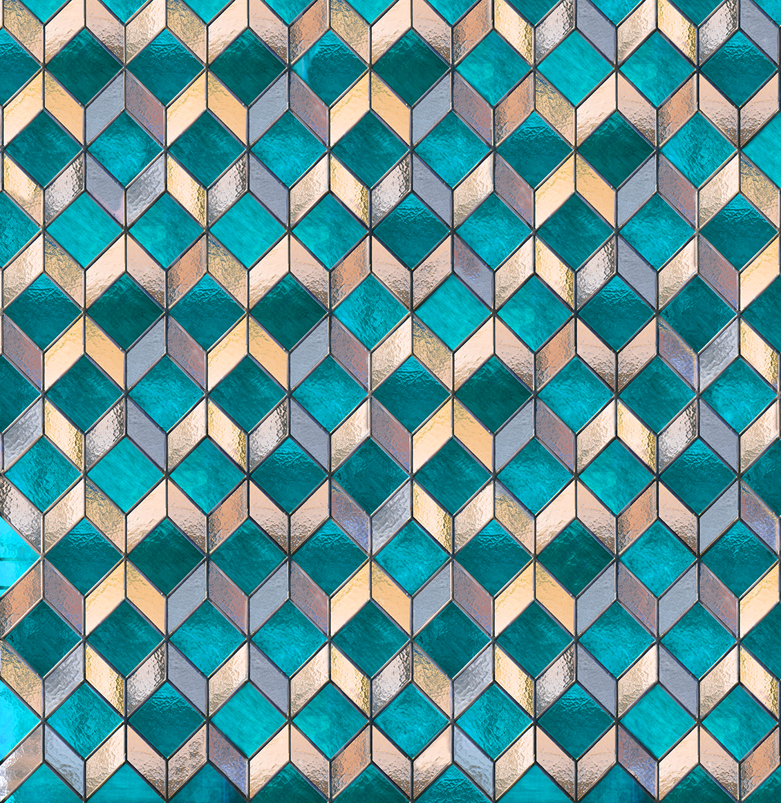 Carta da parati geometrica, con vetrata a rombi blu e giallo, effetto realistico