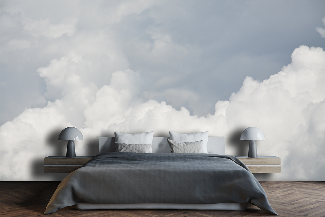 Wallpaper with sky and clouds, with various shades of blue, in a modern bedroom