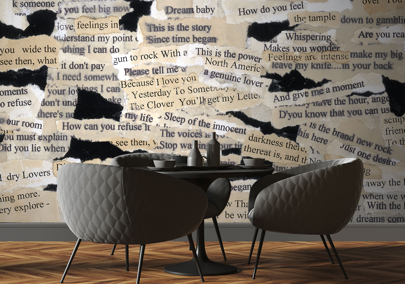 Lettering wallpaper with ocher, black and dove gray letters and words