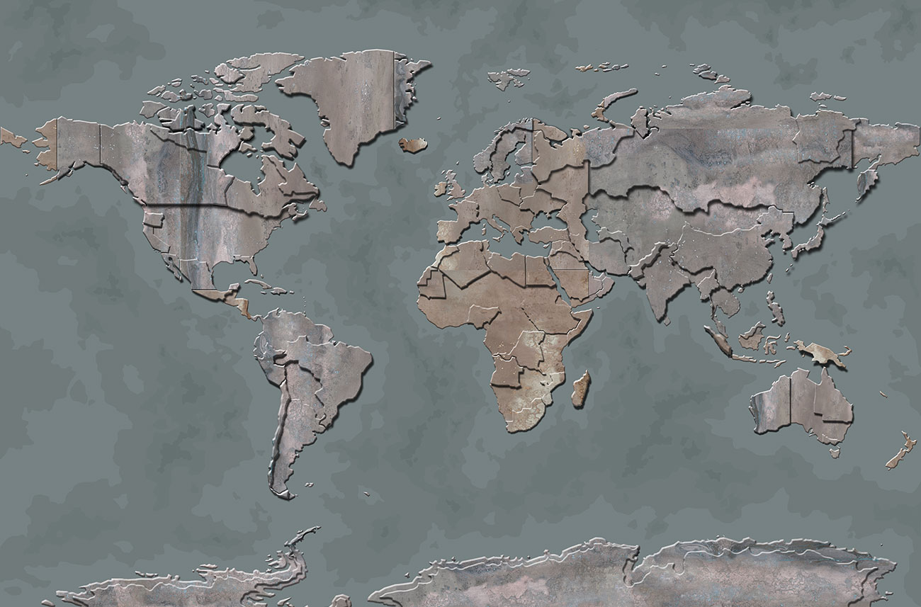 Carta da parati con mappa geografica, effetto 3d con lastre di metallo su fondo blu petrolio