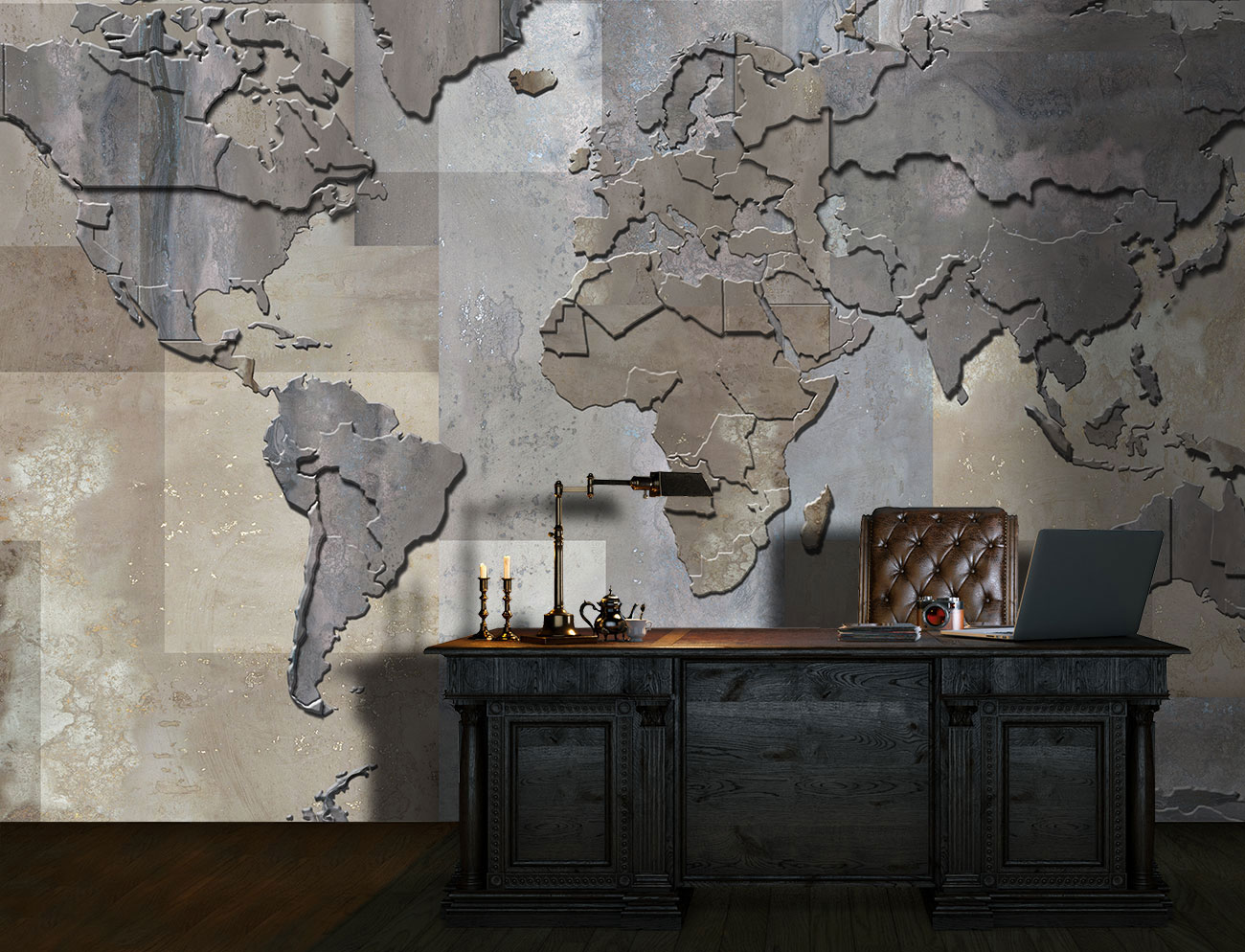 Geographic map wallpaper, 3D effect with gray and rust colored metal plates which adorns a studio